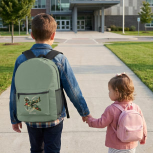 Mochila Impresa Avión Antiguo Verde Aviación Niño Personalizado