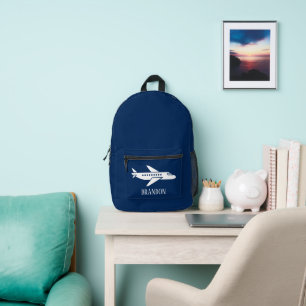 Mochila Impresa Avión de niños chicos azul nombre personalizado