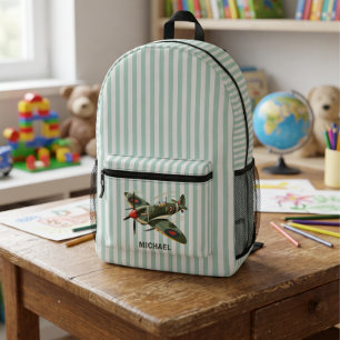 Mochila Impresa Avión Vintage Verde y Blanco Rayas Personalizado 