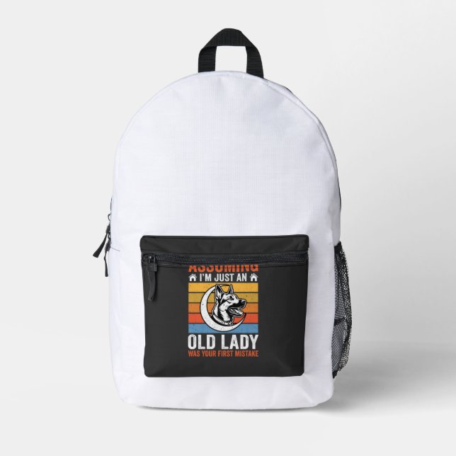 Mochila Impresa Aviso de perro de anciana retro (Anverso)