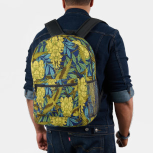 Mochila Impresa Azul Marino Antiguo Pájaro y Patrón Floral Amarill