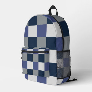 Mochila Impresa Azul Marino Gris Blanco Cuadro Cuadros