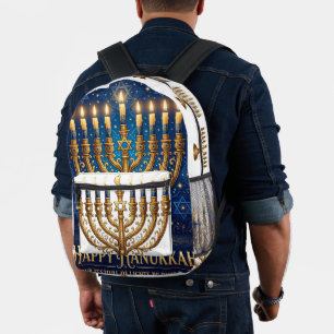 Mochila Impresa Azul Rico y Dorado Hanukkah con Joyas