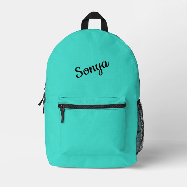 Mochila Impresa Azul turquesa sólido con nombre (Anverso)