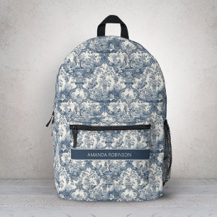 Mochila Impresa Azul Vintage Toile de Jouy Floral Monograma Damask