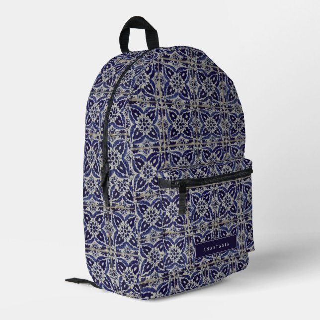 Mochila Impresa Azulejo azul azul blanco geométrico ruso italiano (Esquina izquierda trasera)