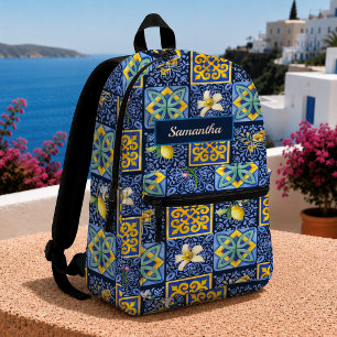 Mochila Impresa Azulejo Azul Teal Siciliano Citrus Majólica Baldos