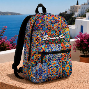 Mochila Impresa Azulejo de Talavera Mexicano Rojo Amarillo Monogra