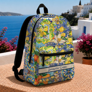Mochila Impresa Azulejos Florales Citricos Sicilianos Turquesa Azu