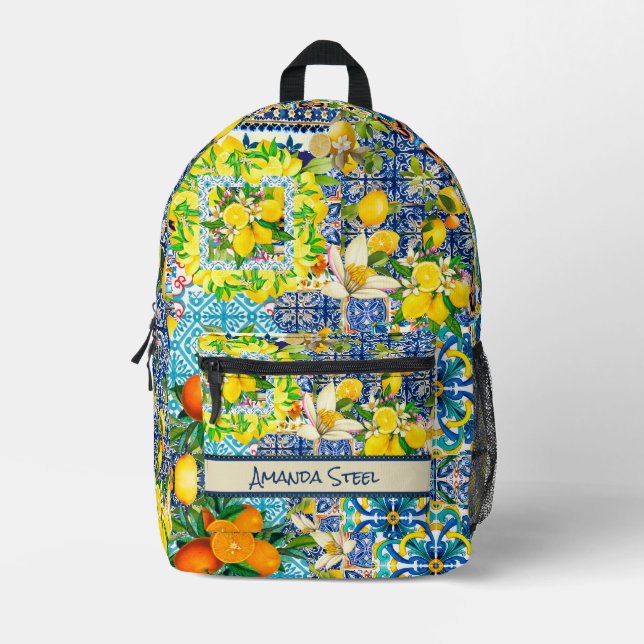Mochila Impresa azulejos florales de cítricos sicilianos azul moda (Anverso)