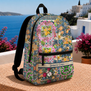 Mochila Impresa Azulejos Florales de Citricos Sicilianos Azul Rosa