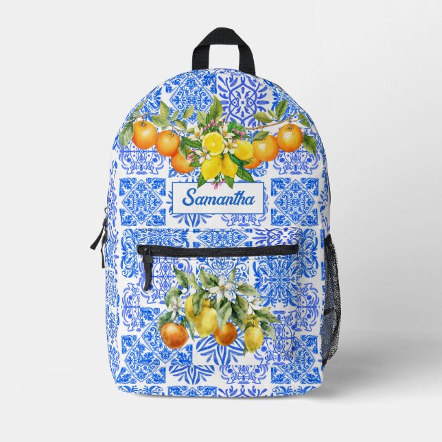 Mochila Impresa Azulejos mediterráneos de cítricos amarillo azul s (Anverso)