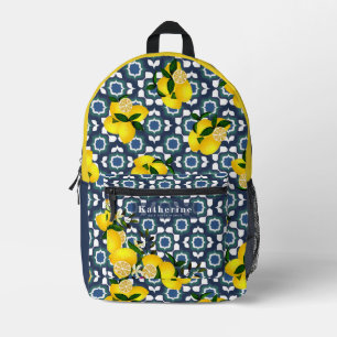 Mochila Impresa Azulejos Mediterráneos Limón Azul Marino Blanco