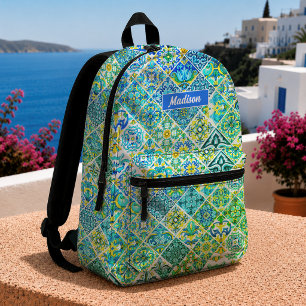 Mochila Impresa Azulejos sicilianas de menta acuática mediterránea