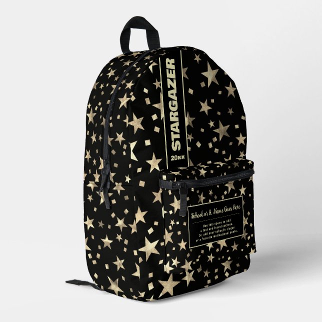 Mochila Impresa Back To School Faux Holographic Gold Stars Black (Esquina izquierda trasera)