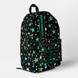 Mochila Impresa Back To School Turquoise Faux Gold Black Stars