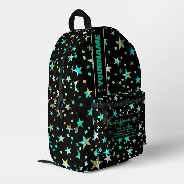 Mochila Impresa Back To School Turquoise Faux Gold Black Stars (Esquina izquierda trasera)
