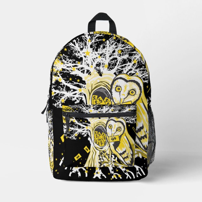 Mochila Impresa Backpack – Urban Tree Owl & Wealth Surreal Pop-Art (Anverso)