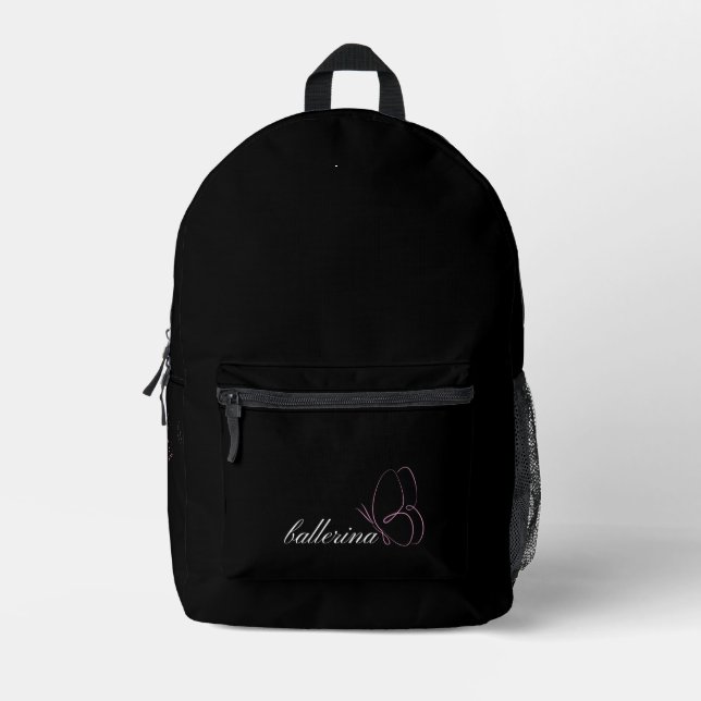 Mochila Impresa Ballerina minimalista y mariposa rosa negra (Anverso)