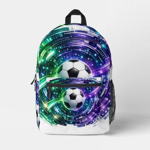 Mochila Impresa Balón de Fútbol Futurista Verde Púrpura Brillante