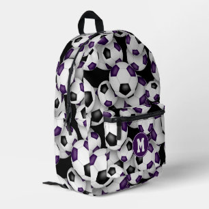 Mochila Impresa balones de fútbol negros morados patrón monogramad