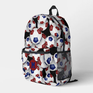 Mochila Impresa balones de fútbol rojos azul patrón monogramados
