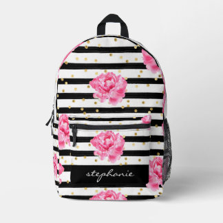 Mochila Impresa Banda negra floral personalizada y confetti de oro