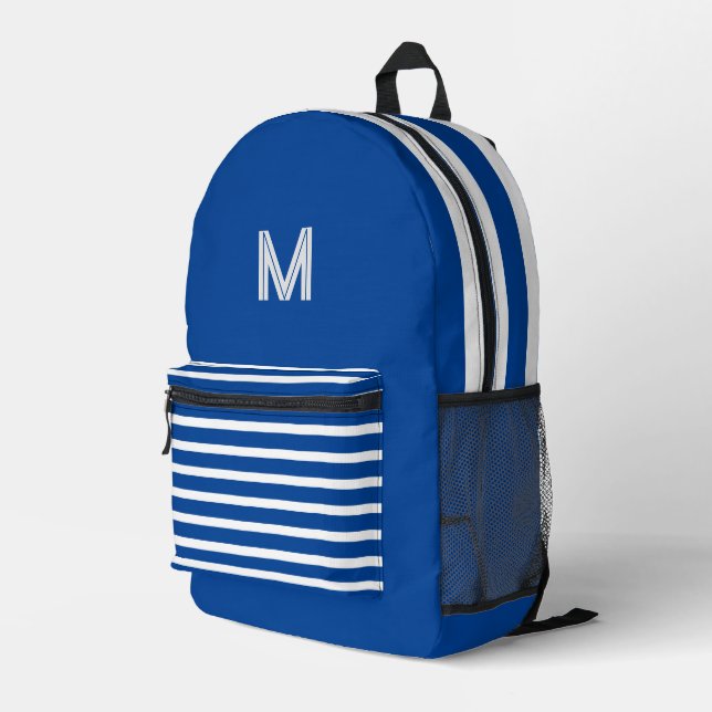 Mochila Impresa Bandas azul y blanco profundas monogramadas (Esquina derecha trasera )