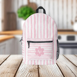 Mochila Impresa Bandas de color rosa y blanco Flor Monograma