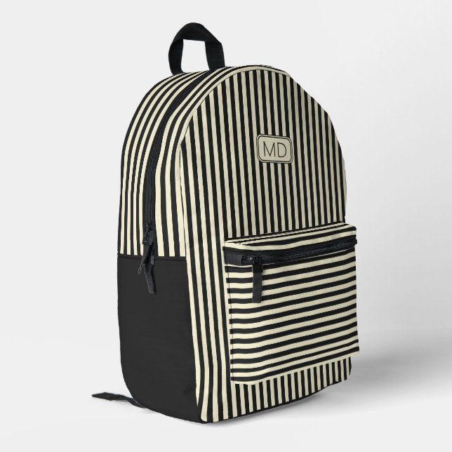 Mochila Impresa Bandas modernas monogramadas retro negro y crema (Esquina izquierda trasera)