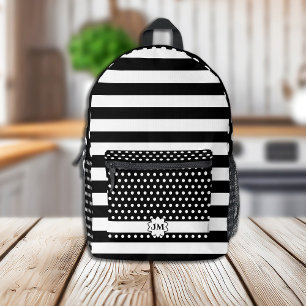 Mochila Impresa Bandas negras y blancas y puntos de polka con mono