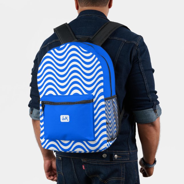 Mochila Impresa Bandas onduladas blancas azul monograma Psicodelac (Insitu (Modelo))