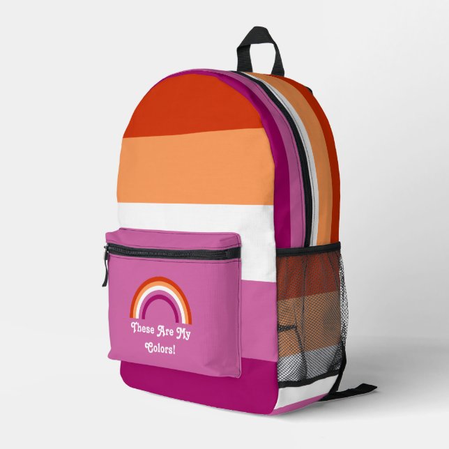 Mochila Impresa Bandera del orgullo lésbico y arco iris con un tex (Esquina derecha trasera )