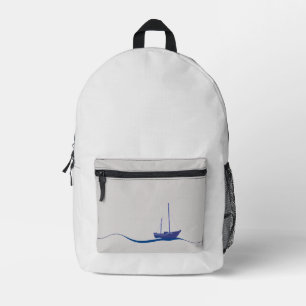 Mochila Impresa Barco azul flotando en el océano con olas