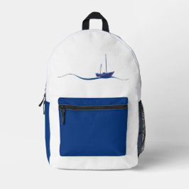 Mochila Impresa Barco azul flotando en el océano con olas