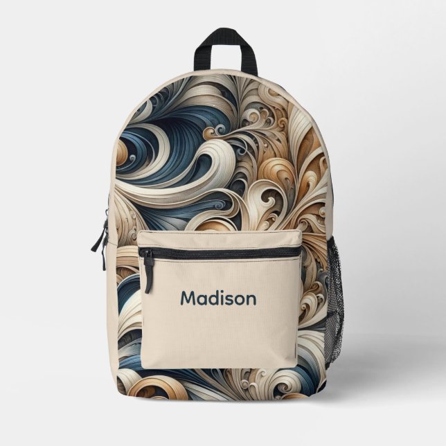 Mochila Impresa Baroque Swirl Pattern in Blue & Gold (Anverso)