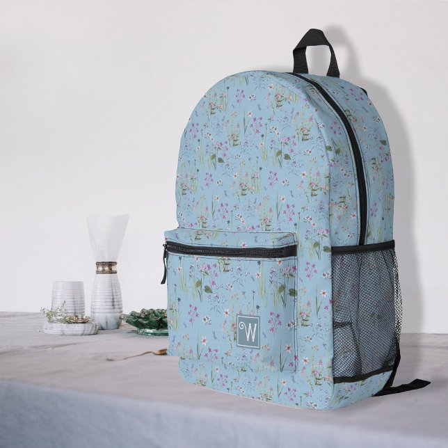 Mochila Impresa Bastante Ditsy FLoral Blue Pattern Monograma Girl (Pretty ditsy floral chic simple floral light blue monogram, a cute printed backpack for girl, ladies)
