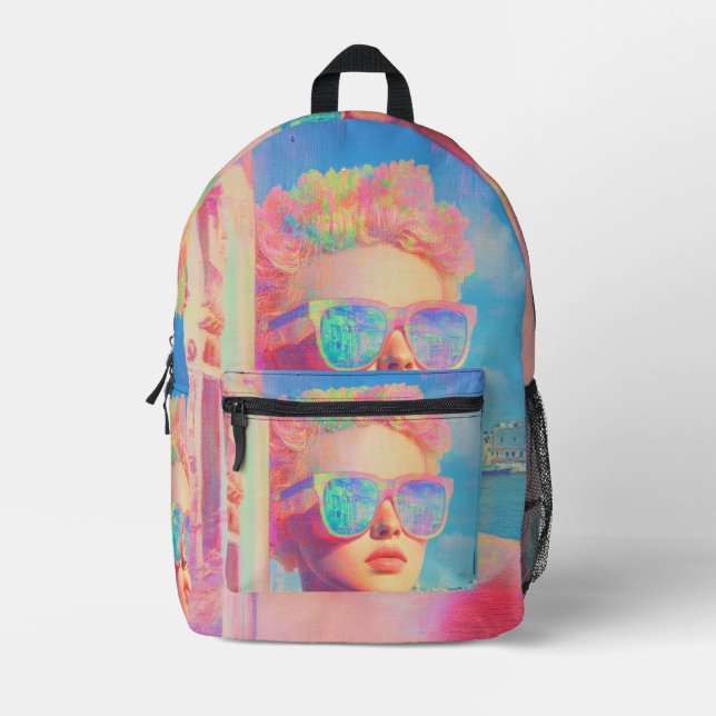 Mochila Impresa Belleza costera neón con gafas de sol (Anverso)