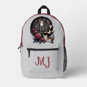 Mochila Impresa Biblioteca de cráneos góticos Libros de rosas roja