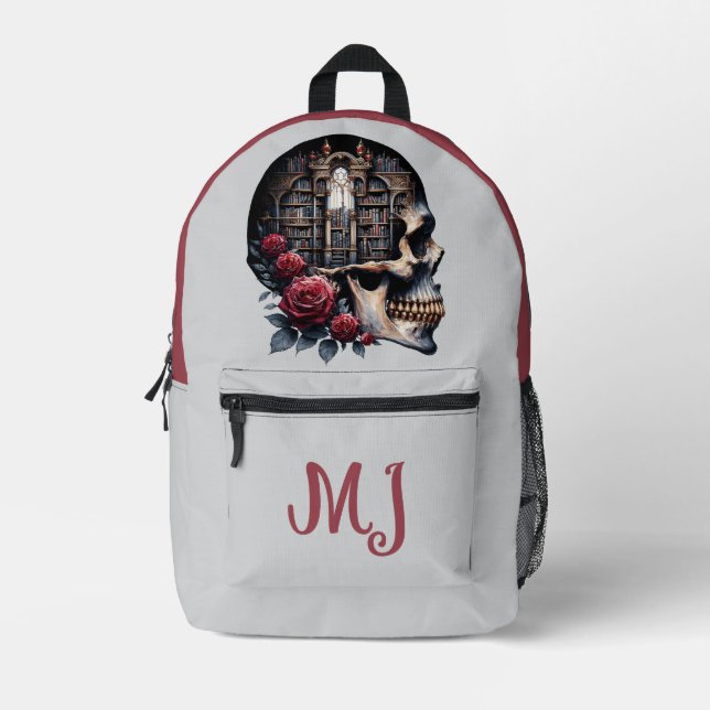 Mochila Impresa Biblioteca de cráneos góticos Libros de rosas roja (Anverso)
