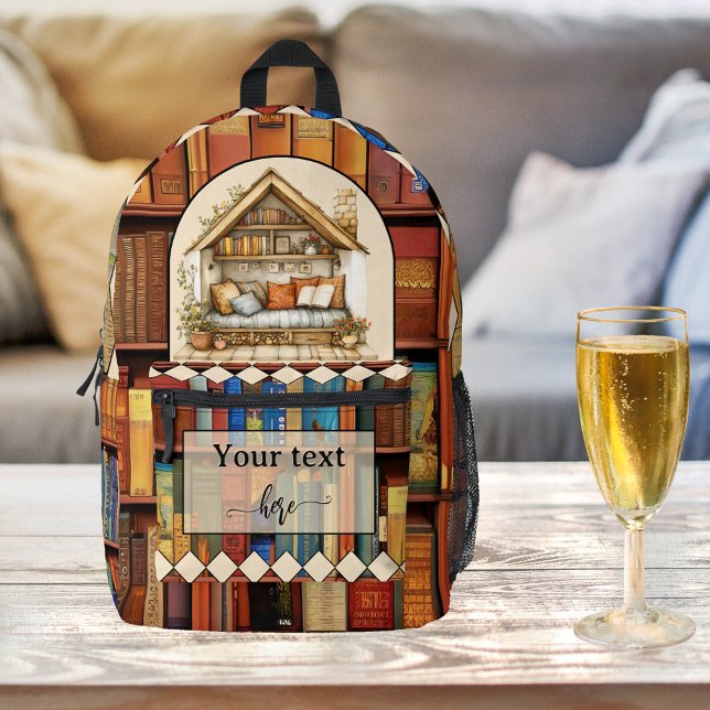 Mochila Impresa Biblioteca de gusanos de biblioteca de arte origin (Book lovers backpack featuring a painting of books with on the front a cozy corner to read)