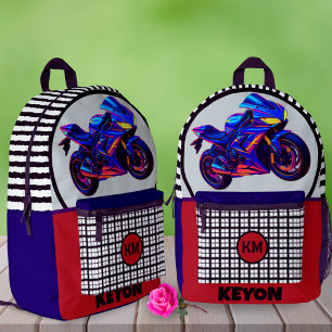 Mochila Impresa Bicicleta de Carreras Cuadros Nombre Personalizado