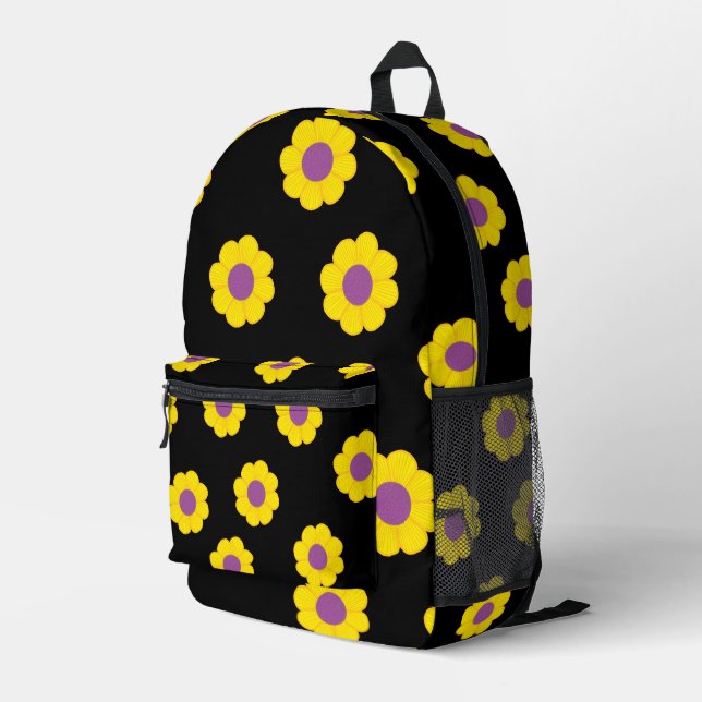 Mochila Impresa Black Backpack With Yellow & Purple Flowers  (Esquina derecha trasera )