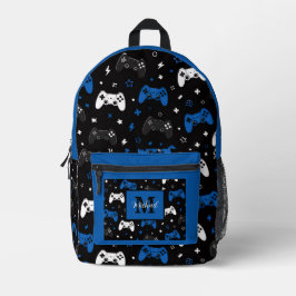 Mochila Impresa Black Blue Gaming Controller Pattern Monogram Name