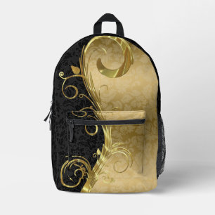Mochila Impresa Black Gold Damask Gold Swirls