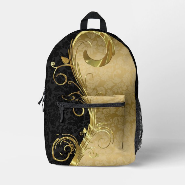 Mochila Impresa Black Gold Damask Gold Swirls (Anverso)