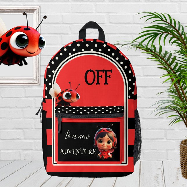 Mochila Impresa Black Red Ladybug Cute Kids (Kids backpack featuring a cute design with ladybugs, polka dots and stripes in bold red and black)