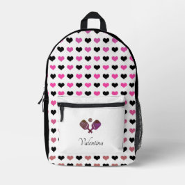 Mochila Impresa Black White Pink Hearts Pattern Moderno Pickleball