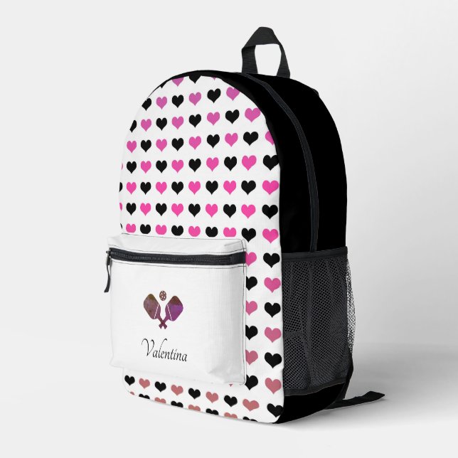Mochila Impresa Black White Pink Hearts Pattern Moderno Pickleball (Esquina derecha trasera )