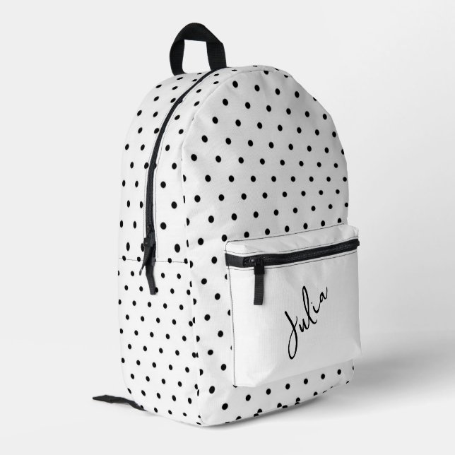 Mochila Impresa Blanco con puntos de polka negro personalizados (Esquina izquierda trasera)
